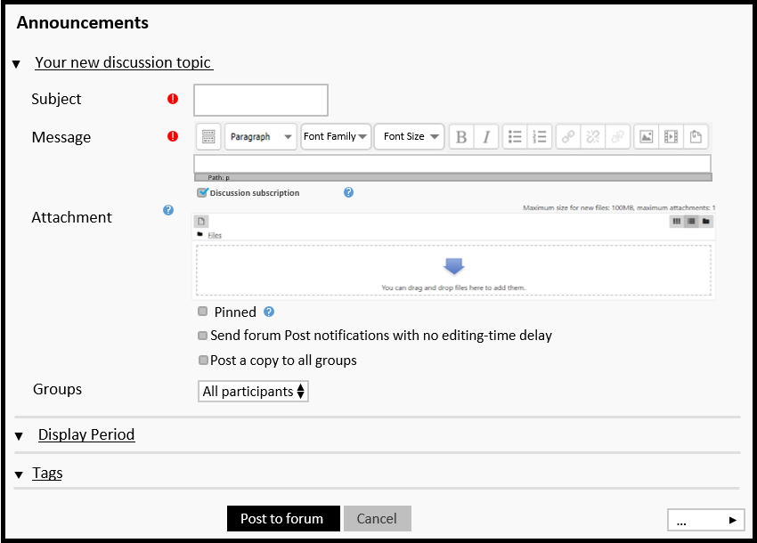 Moodle Announcement page interface with options to add subject, message and other options.