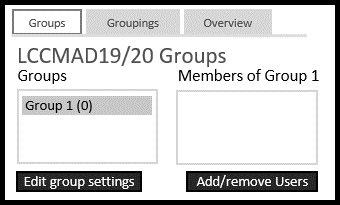 Interface of groups. Button on right labelled "Add/ remove users".