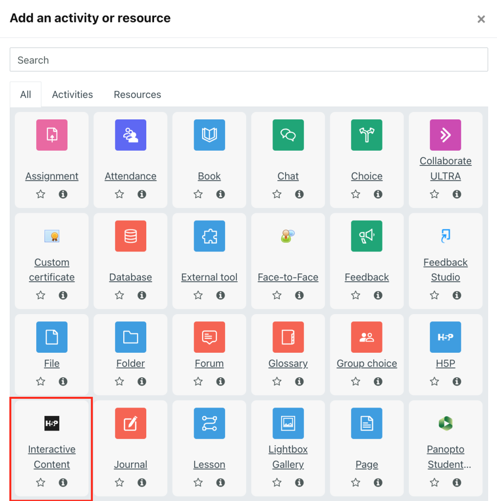 1 Adding H5P through Interactive Content resource