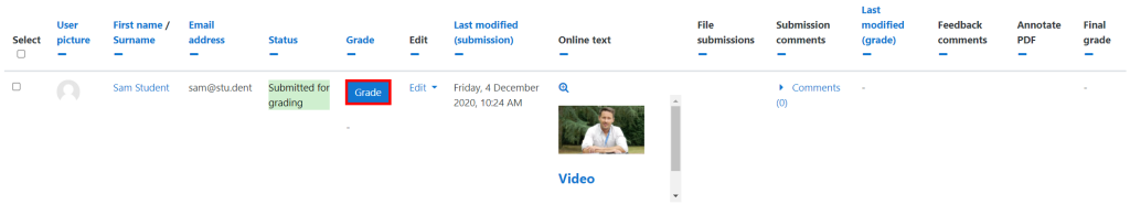 The grading interface within a Panopto Student Submission