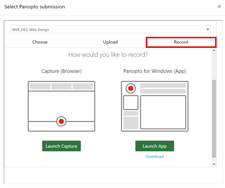 Recording option in the Panopto submission window