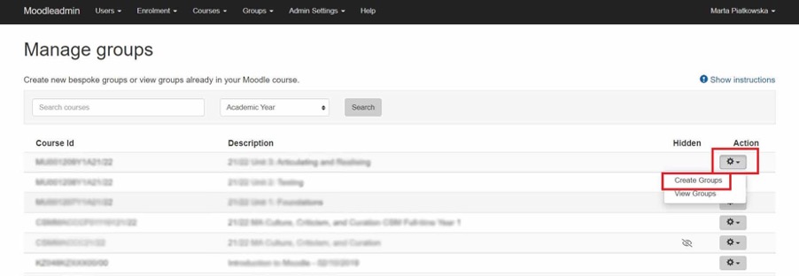The Manage groups page in Admin Tool