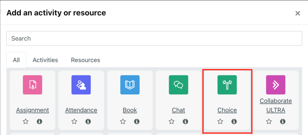 The Choice activity option in the add an activity or resource window in Moodle