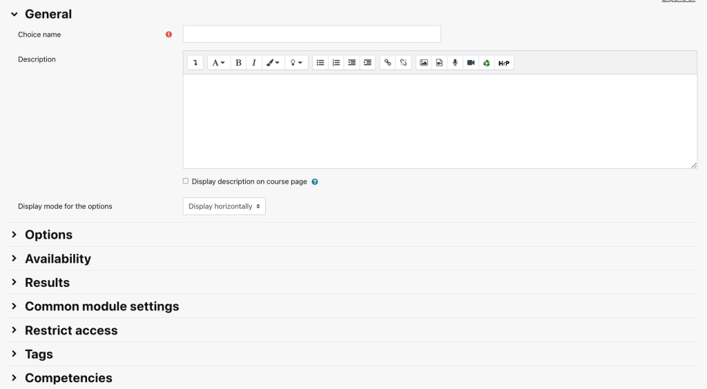 Screenshot of the general tab in the Choice activity settings