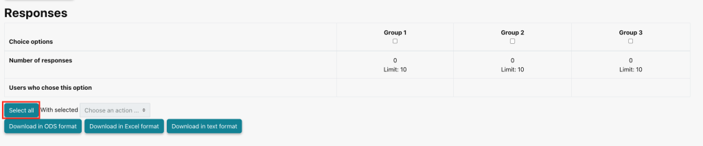 Screenshot of the responses view in the choice activity