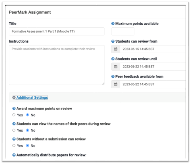 PeerMark assignment settings 