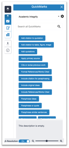 The QuickMarks menu in Feedback Studio 