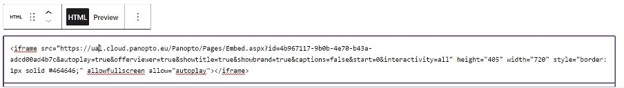 A custom HTML block in MyBlog including the Panopto embed code