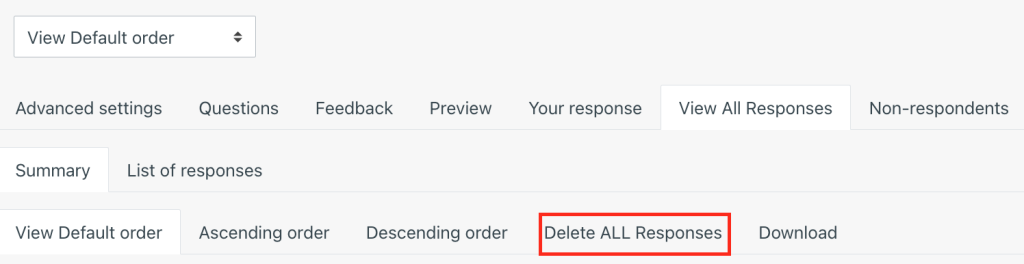 Screenshot of the delete all responses option