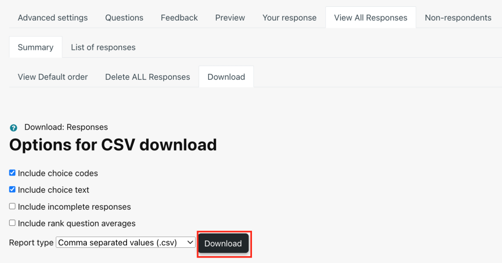 Screenshot of the download option for Questionnaire responses