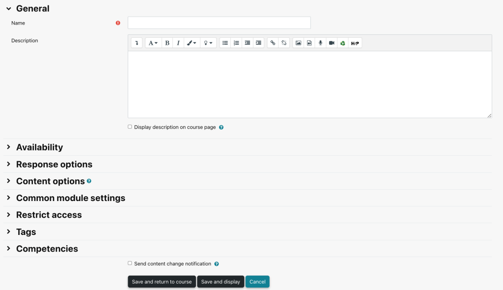 Screenshot of Questionnaire activity settings