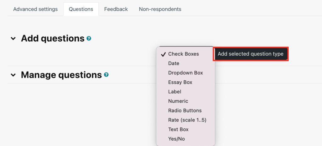 Screenshot of the add questions options in the Questionnaire activity