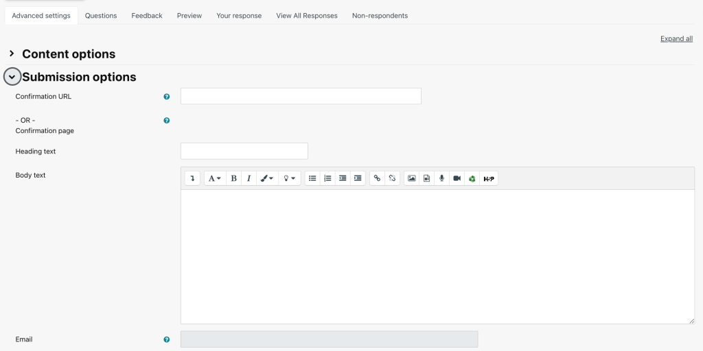 Screenshot of the advanced settings tab in the Questionnaire settings