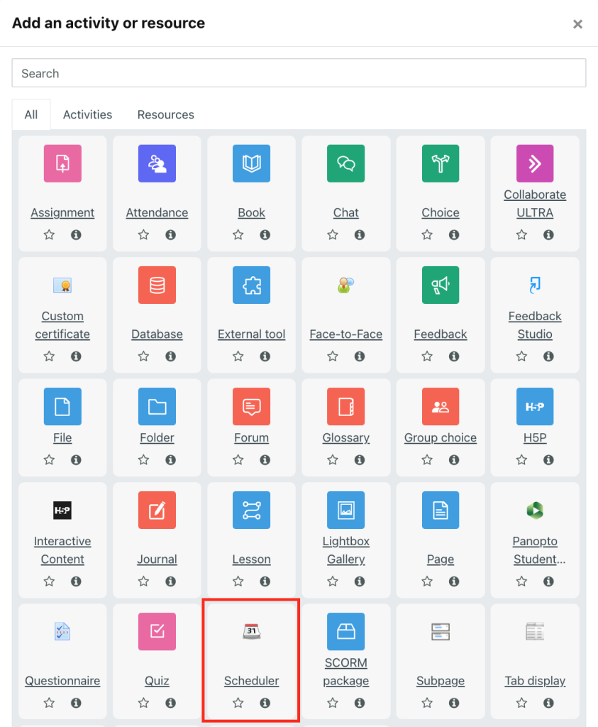 The Scheduler option in Moodle's Add an activity or resource window