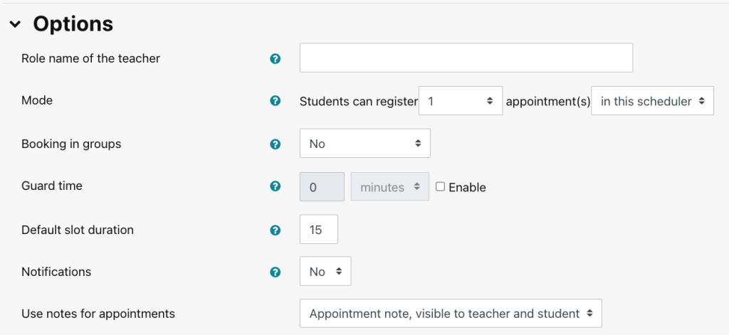 Screenshot of the options tab in the Scheduler settings window