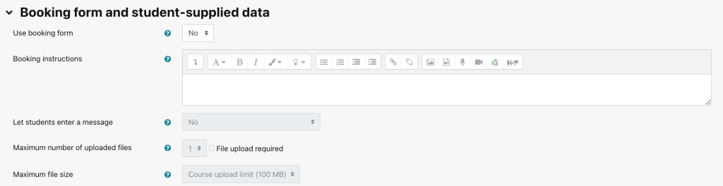 Screenshot of the booking form options in the Scheduler activity settings