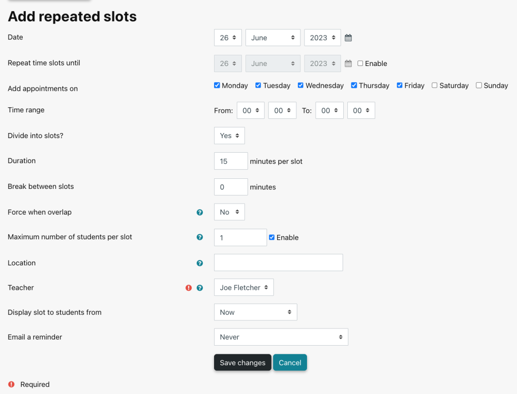 Screenshot of Scheduler activity options for adding multiple slots