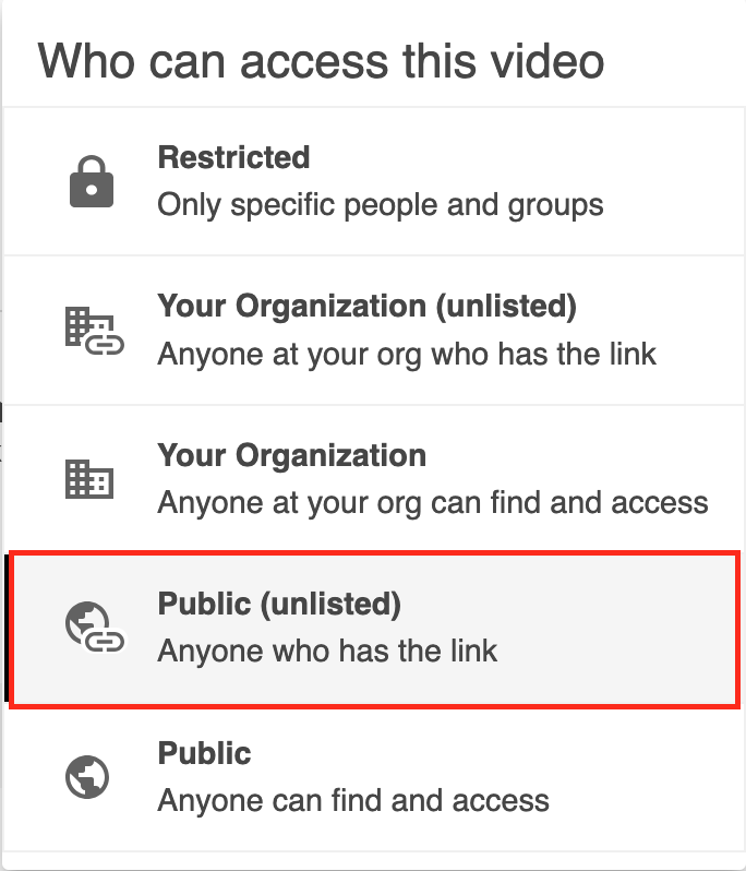 Sharing options in the Panopto sharing settings window